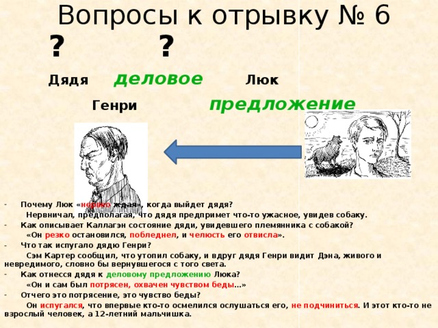 Вопросы к отрывку № 6   ?      ?   Дядя   деловое   Люк   Генри   предложение          Почему Люк « нервно ждал», когда выйдет дядя?  Нервничал, предполагая, что дядя предпримет что-то ужасное, увидев собаку. Как описывает Каллагэн состояние дяди, увидевшего племянника с собакой?   «Он резко остановился, побледнел , и челюсть его отвисла ». Что так испугало дядю Генри?  Сэм Картер сообщил, что утопил собаку, и вдруг дядя Генри видит Дэна, живого и невредимого, словно бы вернувшегося с того света. Как отнесся дядя к деловому предложению Люка?  «Он и сам был потрясен, охвачен чувством беды …» Отчего это потрясение, это чувство беды?  Он испугался , что впервые кто-то осмелился ослушаться его, не подчиниться . И этот кто-то не взрослый человек, а 12-летний мальчишка.