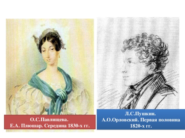 Л.С.Пушкин. А.О.Орловский. Первая половина 1820-х гг. О.С.Павлищева. Е.А. Плюшар. Середина 1830-х гг.