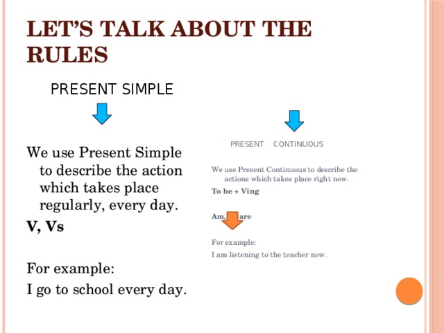 LET’S TALK ABOUT THE RULES  PRESENT CONTINUOUS  PRESENT SIMPLE We use Present Continuous to describe the actions which takes place right now. We use Present Simple to describe the action which takes place regularly, every day. To be + Ving V, Vs  Am, is, are For example: I go to school every day. For example: I am listening to the teacher now.