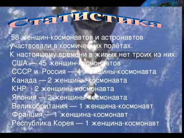 58 женщин-космонавтов и астронавтов участвовали в космических полётах. К настоящему времени в живых нет троих из них.  США — 45 женщин-космонавтов  СССР и Россия — 4 женщины-космонавта  Канада — 2 женщины-космонавта  КНР - 2 женщины-космонавта  Япония — 2 женщины-космонавта  Великобритания — 1 женщина-космонавт  Франция — 1 женщина-космонавт  Республика Корея — 1 женщина-космонавт