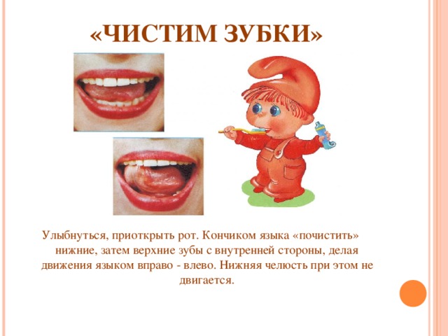 «ЧИСТИМ ЗУБКИ» Улыбнуться, приоткрыть рот. Кончиком языка «почистить» нижние, затем верхние зубы с внутренней стороны, делая движения языком вправо - влево. Нижняя челюсть при этом не двигается.