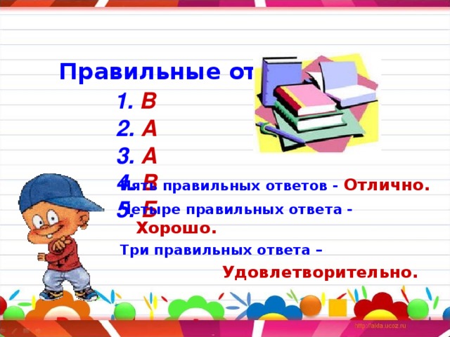 Правильные ответы   1. В   2. А   3. А   4. В   5. Б Пять правильных ответов -  Отлично. Четыре правильных ответа -  Хорошо. Три правильных ответа –  Удовлетворительно.