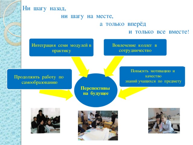 Ни шагу назад,  ни шагу на месте,  а только вперёд  и только все вместе ! Интеграция семи модулей в практику Вовлечение коллег в сотрудничество Повысить мотивацию и качество знаний учащихся по предмету Продолжить работу по самообразованию Перспективы на будущее