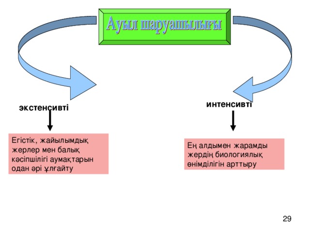 экстенсивті  интенсивті Егістік, жайылымдық жерлер мен балық кәсіпшілігі аумақтарын одан әрі ұлғайту Ең алдымен жарамды жердің биологиялық өнімділігін арттыру