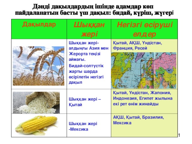 Дақылдар Шыққан жері Негізгі өсіруші елдер Шыққан жері-алдыңғы Азия мен Жерорта теңізі аймағы. Бидай-солтүстік жарты шарда өсірілетін негізгі дақыл  Қытай, АҚШ, Үндістан, Франция, Ресей Шыққан жері –Қытай  Қытай, Үндістан, Жапония, Индонезия, Египет жылына екі рет өнім жинайды Шыққан жері -Мексика АҚШ, Қытай, Бразилия, Мексика