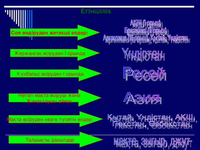 Егіншілік Соя өндіруден жетекші елдер: Жержаңғақ өсіруден І орында Күнбағыс өсіруден І орында Негізгі мақта өсіруші және Жинақтаушы аймақ Мақта өсіруден көзге түсетін елдер; Талшықты дақылдар