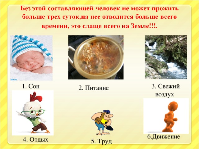 3. Свежий воздух 1. Сон 2. Питание  6.Движение 4. Отдых 5. Труд 7 7