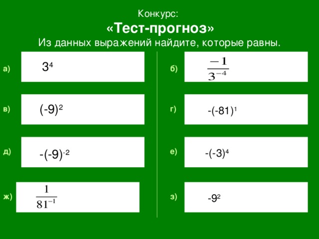 Конкурс:  «Тест-прогноз» Из данных выражений найдите, которые равны. 3 4 б) a ) (-9) 2 -(-81) 1 г) в) -(-3) 4 -(-9) -2 е) д) з) ж) -9 2