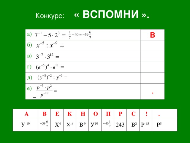 Конкурс: « ВСПОМНИ ».  а) В б) в) г) д) е)    .  А У -19  В  Е   К   Х 4  Н  Х 14  В -9  О  П У 19  Р 243  С  В 2  ! Р -15  .  Р 5