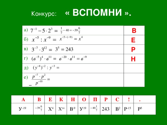 Конкурс: « ВСПОМНИ ».  а) В б) Е  в) Р  г) Н  д) е)     А У -19  В  Е   Х 4   К  Н  Х 14  В -9  О  П У 19  Р 243  С  В 2  ! Р -15  .  Р 5