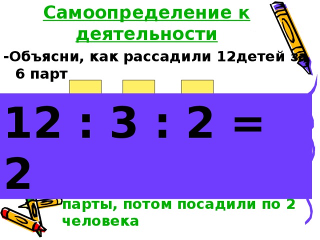 Деление числа на произведение 4 класс презентация. Деление числа на произведение самоопределение к деятельности. 12 Детей рассадили за 6 парт. Как разделить число на произведение 4 класс.