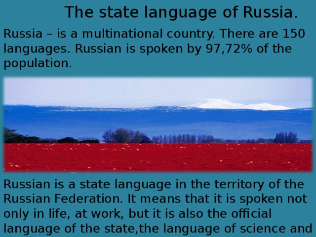 The state language of Russia. Russia – is a multinational country. There are 150 languages. Russian is spoken by 97,72% of the population. Russian is a state language in the territory of the Russian Federation. It means that it is spoken not only in life, at work, but it is also the official language of the state,the language of science and culture.