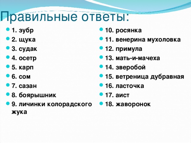 Правильные ответы: 1. зубр 2. щука 3. судак 4. осетр 5. карп 6. сом 7. сазан 8. боярышник 9. личинки колорадского жука 10. росянка 11. венерина мухоловка 12. примула 13. мать-и-мачеха 14. зверобой 15. ветреница дубравная 16. ласточка 17. аист 18. жаворонок