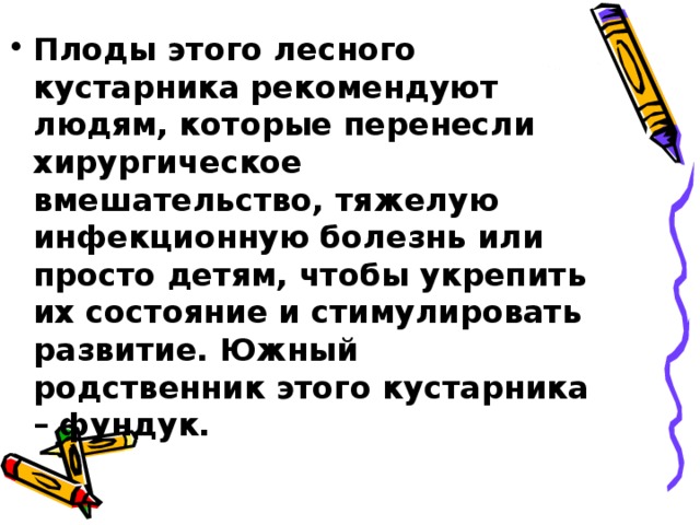 Плоды этого лесного кустарника рекомендуют людям, которые перенесли хирургическое вмешательство, тяжелую инфекционную болезнь или просто детям, чтобы укрепить их состояние и стимулировать развитие. Южный родственник этого кустарника – фундук.