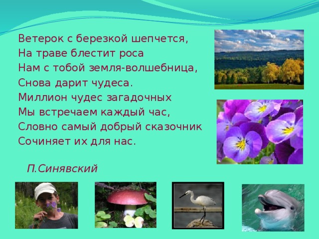 Ветерок с березкой шепчется, На траве блестит роса Нам с тобой земля-волшебница, Снова дарит чудеса. Миллион чудес загадочных Мы встречаем каждый час, Словно самый добрый сказочник Сочиняет их для нас.  П.Синявский