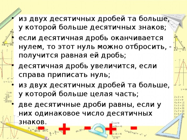 из двух десятичных дробей та больше, у которой больше десятичных знаков; если десятичная дробь оканчивается нулем, то этот нуль можно отбросить, - получится равная ей дробь; десятичная дробь увеличится, если справа приписать нуль; из двух десятичных дробей та больше, у которой больше целая часть; две десятичные дроби равны, если у них одинаковое число десятичных знаков.