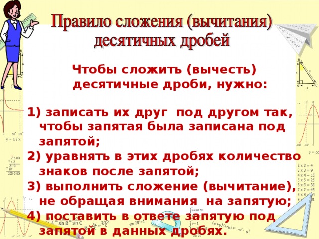 Чтобы сложить (вычесть) десятичные дроби, нужно:  1) записать их друг под другом так, чтобы запятая была записана под запятой; 2) уравнять в этих дробях количество знаков после запятой; 3) выполнить сложение (вычитание), не обращая внимания на запятую; 4) поставить в ответе запятую под запятой в данных дробях.