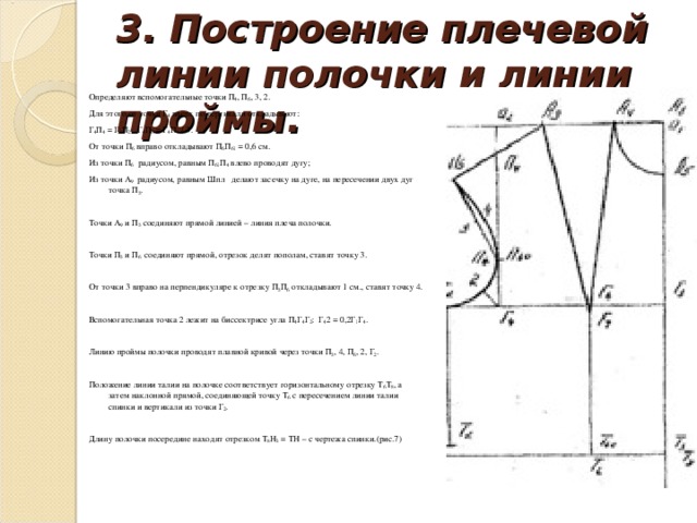 3. Построение плечевой линии полочки и линии проймы. Определяют вспомогательные точки П 4 , П 6 , 3, 2. Для этого от точки Г 4 вверх по вертикали откладывают: Г 4 П 4 = Г 1 П 2 ; Г 4 П 6 = Г 4 П 4 / 3. От точки П 6 вправо откладывают П 6 П 61 = 0,6 см. Из точки П 6 радиусом, равным П 61 П 4 влево проводят дугу; Из точки А 9 радиусом, равным Шпл делают засечку на дуге, на пересечении двух дуг точка П 5 .   Точки А 9 и П 5 соединяют прямой линией – линия плеча полочки. Точки П 5 и П 6 соединяют прямой, отрезок делят пополам, ставят точку 3.   От точки 3 вправо на перпендикуляре к отрезку П 5 П 6 откладывают 1 см., ставят точку 4.   Вспомогательная точка 2 лежит на биссектрисе угла П 4 Г 4 Г 2 : Г 4 2 = 0,2Г 1 Г 4 .   Линию проймы полочки проводят плавной кривой через точки П 5 , 4, П 6 , 2, Г 2 .   Положение линии талии на полочке соответствует горизонтальному отрезку Т 6 Т 8 , а затем наклонной прямой, соединяющей точку Т 6 с пересечением линии талии спинки и вертикали из точки Г 2 .   Длину полочки посередине находят отрезком Т 8 Н 3 = ТН – с чертежа спинки.(рис.7)  