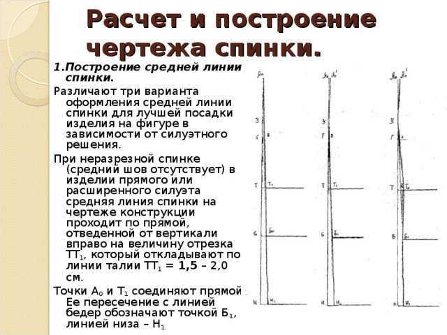 Расчет и построение чертежа спинки. 1.Построение средней линии спинки. Различают три варианта оформления средней линии спинки для лучшей посадки изделия на фигуре в зависимости от силуэтного решения. При неразрезной спинке (средний шов отсутствует) в изделии прямого или расширенного силуэта средняя линия спинки на чертеже конструкции проходит по прямой, отведенной от вертикали вправо на величину отрезка ТТ 1 , который откладывают по линии талии ТТ 1 = 1,5 – 2,0 см. Точки А 0 и Т 1 соединяют прямой. Ее пересечение с линией бедер обозначают точкой Б 1 , с линией низа – Н 1.