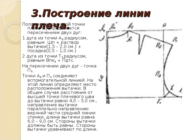 3.Построение линии плеча.   Положение конечной точки плеча П 1 определяется пересечением двух дуг: 1 дуга из точки А 2 радиусом, равным Шп + раствор вытачки(1,5 – 2,0 см.) + посадка(0,5 – 1,0 см.) 2 дуга из точки Т 1 радиусом, равным Впк II + Пдтс. На пересечении двух дуг - точка П 1.  Точки А 2 и П 1 соединяют вспомогательной линией. На этой линии определяют место расположения вытачки. В общем случае расстояние от высшей точки плечевого шва до вытачки равно 4,0 – 5,0 см., направление вытачки параллельно направлению верхней части средней линии спинки, длина вытачки равна 6,0 – 9,0 см. Стороны вытачки должны быть равны. Стороны вытачки уравнивают по длине.