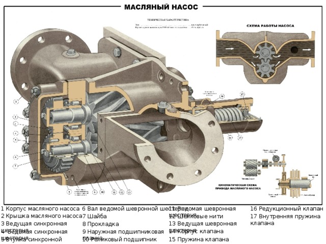 16 Редукционный клапан 6 Вал ведомой шевронной шестерни 11 Ведомая шевронная шестерня 1 Корпус масляного насоса 2 Крышка масляного насоса 7 Шайба 17 Внутренняя пружина клапана 12 Шёлковые нити 3 Ведущая синхронная шестерня 13 Ведущая шевронная шестерня 8 Прокладка 14 Корпус клапана 4 Ведомая синхронная шестерня 9 Наружная подшипниковая планка 10 Роликовый подшипник 15 Пружина клапана 5 Втулка синхронной шестерни