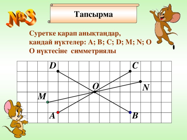 Тапсырма Суретке қарап анықтаңдар, қандай нүктелер: А; В; С; D; M; N; O О нүктесіне c имметриял ы C D О N M A B 20