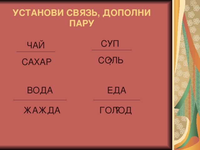 УСТАНОВИ СВЯЗЬ, ДОПОЛНИ ПАРУ СУП ЧАЙ СОЛЬ САХАР ? ВОДА ЕДА ЖАЖДА ? ГОЛОД