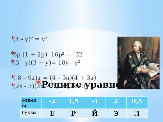 (4 - y)² = y² 8р (1 + 2р)- 16р² = -32 (3 - у)(3 + у)= 18у - у² (-8 – 9а)а = (4 – 3а)(4 + 3а) (2х - 3)(2х + 3) = (2х - 3)² Решите уравнения: