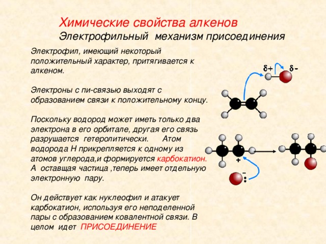 Химические свойства алкенов  Электрофильный механизм присоединения Электрофил, имеющий некоторый положительный характер, притягивается к алкеном.   Электроны с пи-связью выходят с образованием связи к положительному концу.   Поскольку водород может иметь только два электрона в его орбитале, другая его связь разрушается гетеролитически. Атом водорода H прикрепляется к одному из атомов углерода,и формируется карбокатион. А оставщая частица ,теперь имеет отдельную электронную пару.   Он действует как нуклеофил и атакует карбокатион, используя его неподеленной пары с образованием ковалентной связи. В целом идет ПРИСОЕДИНЕНИЕ