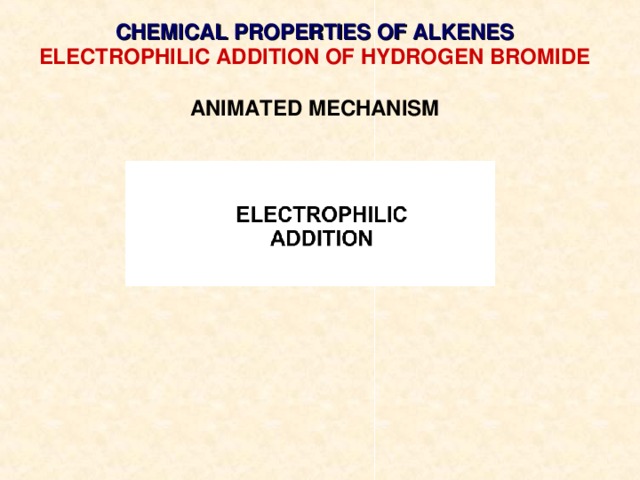 CHEMICAL PROPERTIES OF ALKENES ELECTROPHILIC ADDITION OF HYDROGEN BROMIDE  ANIMATED MECHANISM