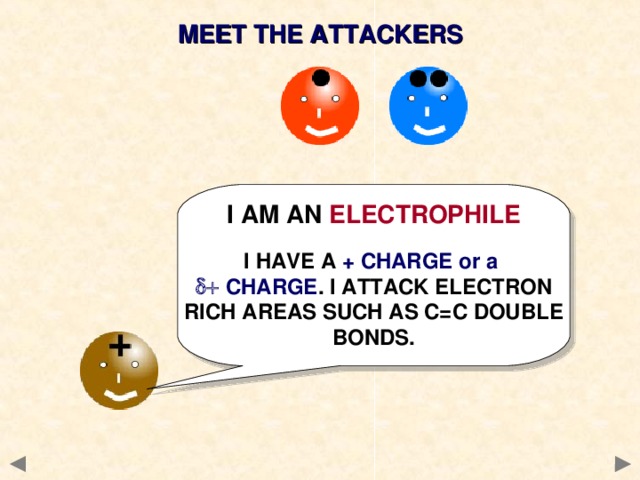 MEET THE ATTACKERS I AM AN ELECTROPHILE  I HAVE A + CHARGE or a    CHARGE . I ATTACK ELECTRON RICH AREAS SUCH AS C=C DOUBLE BONDS.