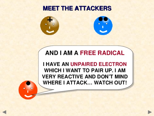 MEET THE ATTACKERS AND I AM A FREE RADICAL  I HAVE AN UNPAIRED ELECTRON WHICH I WANT TO PAIR UP. I AM VERY REACTIVE AND DON’T MIND WHERE I ATTACK… WATCH OUT!