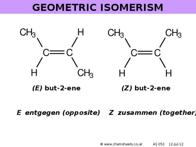 GEOMETRIC ISOMERISM (E) but-2-ene (Z) but-2-ene E  entgegen (opposite) Z  zusammen (together) © www.chemsheets.co.uk AS 053 12-Jul-12