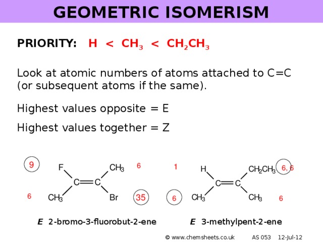 GEOMETRIC ISOMERISM PRIORITY: H  3  2 CH 3  Look at atomic numbers of atoms attached to C=C (or subsequent atoms if the same). Highest values opposite = E Highest values together = Z 6 6, 6 6 6 6 E 3-methylpent-2-ene E 2-bromo-3-fluorobut-2-ene © www.chemsheets.co.uk AS 053 12-Jul-12
