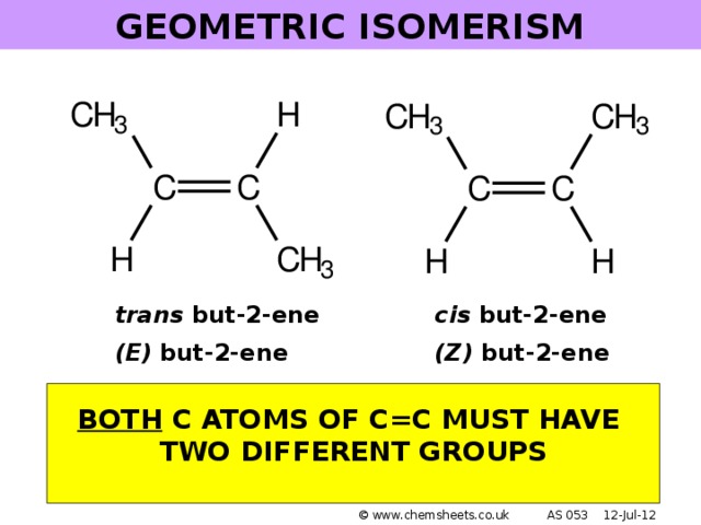 GEOMETRIC ISOMERISM trans but-2-ene  (E) but-2-ene cis but-2-ene  (Z) but-2-ene  BOTH C ATOMS OF C=C MUST HAVE TWO DIFFERENT GROUPS  © www.chemsheets.co.uk AS 053 12-Jul-12