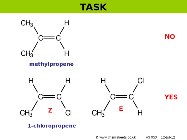 TASK NO methylpropene YES E Z 1-chloropropene © www.chemsheets.co.uk AS 053 12-Jul-12
