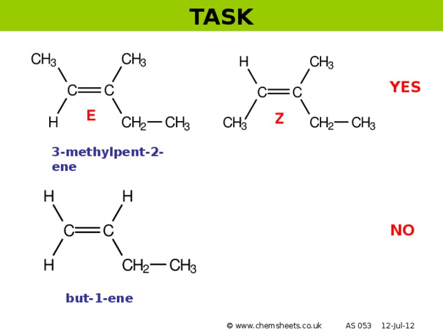 TASK YES E Z 3-methylpent-2-ene NO but-1-ene © www.chemsheets.co.uk AS 053 12-Jul-12