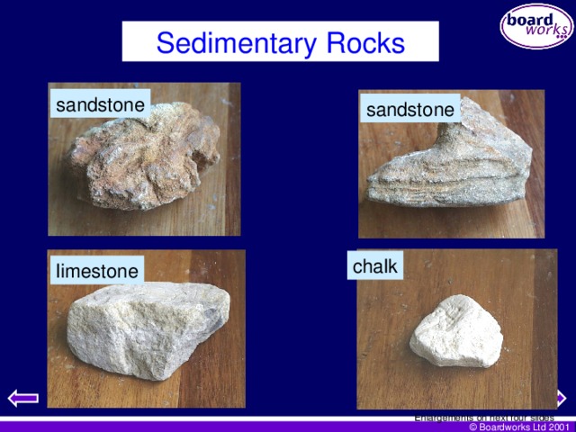 Sedimentary Rocks sandstone sandstone chalk limestone Enlargements on next four slides
