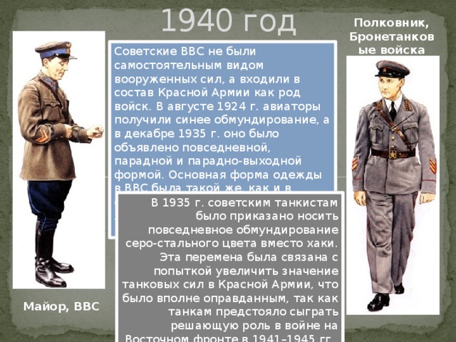 1940 год Полковник, Бронетанковые войска Советские ВВС не были самостоятельным видом вооруженных сил, а входили в состав Красной Армии как род войск. В августе 1924 г. авиаторы получили синее обмундирование, а в декабре 1935 г. оно было объявлено повседневной, парадной и парадно-выходной формой. Основная форма одежды в ВВС была такой же, как и в сухопутных войсках, отличаясь лишь голубыми петлицами и кантами. В 1935 г. советским танкистам было приказано носить повседневное обмундирование серо-стального цвета вместо хаки. Эта перемена была связана с попыткой увеличить значение танковых сил в Красной Армии, что было вполне оправданным, так как танкам предстояло сыграть решающую роль в войне на Восточном фронте в 1941–1945 гг. Майор, ВВС