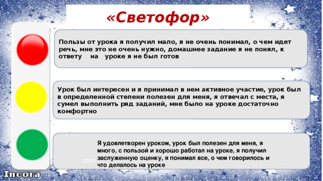 «Светофор» Пользы от урока я получил мало, я не очень понимал, о чем идет речь, мне это не очень нужно, домашнее задание я не понял, к ответу на уроке я не был готов Урок был интересен и я принимал в нем активное участие, урок был в определенной степени полезен для меня, я отвечал с места, я сумел выполнить ряд заданий, мне было на уроке достаточно комфортно Я удовлетворен уроком, урок был полезен для меня, я много, с пользой и хорошо работал на уроке, я получил заслуженную оценку, я понимал все, о чем говорилось и что делалось на уроке 2005