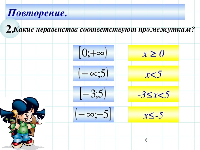 Повторение. 2. Какие неравенства соответствуют промежуткам?  x ≥ 0  x  -3≤x Используем триггер, что позволяет учащимся определить последовательность решения примеров. Нажмите на голубой прямоугольник – появится соответствующий правильный ответ. x≤-5