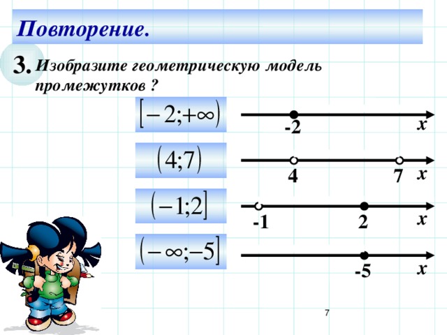 Повторение. 3. Изобразите геометрическую модель промежутков ?  х -2  х 4 7  х -1 2 Используем триггер, что позволяет учащимся определить последовательность решения примеров. Нажмите на голубой прямоугольник – появится соответствующий правильный ответ.  х -5 7