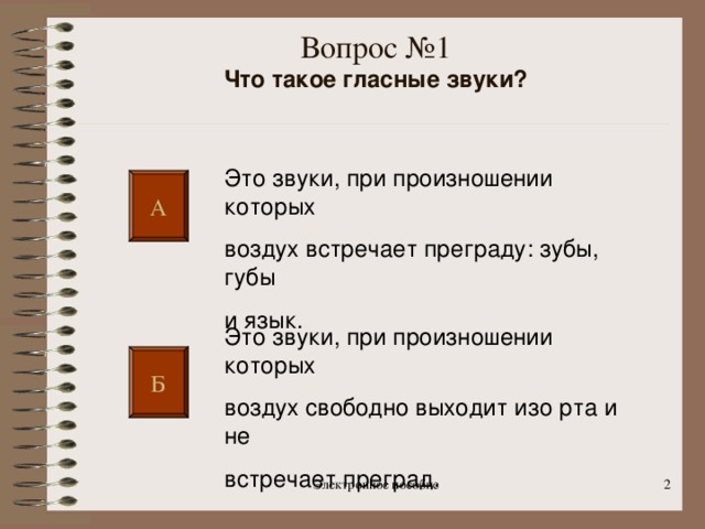 Вопрос №1  Что такое гласные звуки?   Это звуки, при произношении которых воздух встречает преграду: зубы, губы и язык.  А Это звуки, при произношении которых воздух свободно выходит изо рта и не встречает преград. Б Электронное пособие