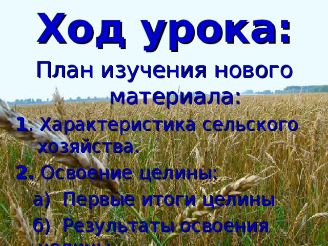 Ход урока: План изучения нового материала: 1 . Характеристика сельского хозяйства. 2. Освоение целины:  а) Первые итоги целины  б) Результаты освоения целины 3. Демографическая ситуация и её негативные последствия.