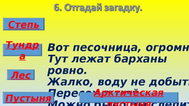 Степь Вот песочница, огромна,  Тут лежат барханы ровно.  Жалко, воду не добыть.  Пересох ручей.  Можно было бы слепить  Сотни куличей. Тундра Лес Пустыня Арктическая пустыня