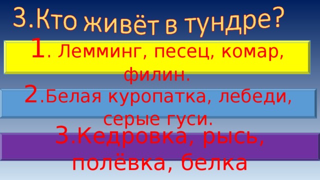 1 . Лемминг, песец, комар, филин. 2 . Белая куропатка, лебеди, серые гуси. 3 .Кедровка, рысь, полёвка, белка