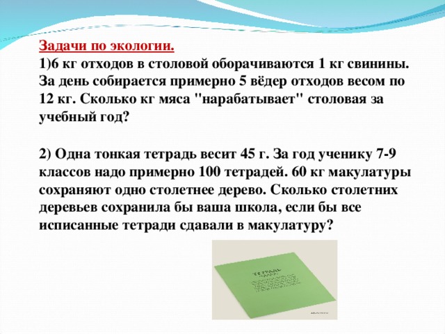 Задачи по экологии. 6 кг отходов в столовой оборачиваются 1 кг свинины. За день собирается примерно 5 вёдер отходов весом по 12 кг. Сколько кг мяса 