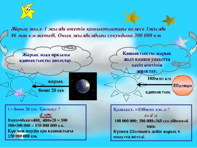 Жарық жыл- 1 жылда өтетін қашықтықтағы немесе 1жылда 46 млн км жетеді. Оның жылдамдығы секундына 300 000 км.  Қашықтықты жарық жыл қанша уақытта кесіп өтетінін анықтау. Жарық жыл арқылы қашықтықты анықтау. 108млн км Шолпан жарық 8мин 20 сек қашықтық t  =  8мин 20 сек. Қашықт-? Қашықт. = 108млн км. с -? d  =t •c t =  d : c  8мин•60сек = 480, 480+20 = 500 500•300 000 = 150 000 000 км. Күн мен жердің ара қашықтығы 150 000 000 км. 108 000 000: 300 000 = 360 сек:60мин = 6 мин. Күннен Шолпанға дейін жарық 6 минутта жетеді.