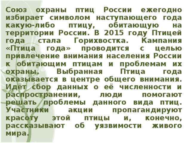 Союз охраны птиц России ежегодно избирает символом наступающего года какую-либо птицу, обитающую на территории России. В 2015 году Птицей года стала Горихвостка. Кампания «Птица года» проводится с целью привлечение внимания населения России к обитающим птицам и проблемам их охраны. Выбранная Птица года оказывается в центре общего внимания. Идёт сбор данных о её численности и распространении, люди помогают решать проблемы данного вида птиц. Участники акции пропагандируют красоту этой птицы и, конечно, рассказывают об уязвимости живого мира.