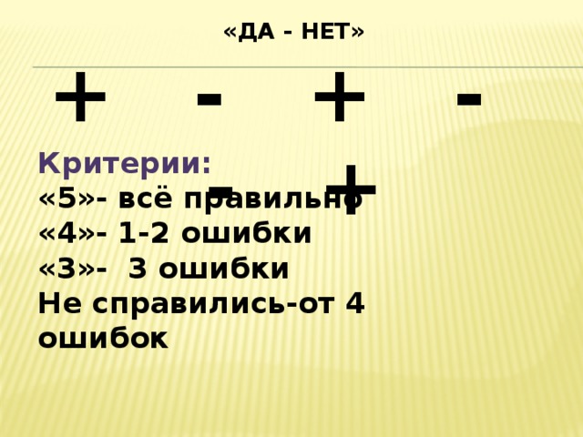 «ДА - НЕТ» + - + - - + Критерии: «5»- всё правильно «4»- 1-2 ошибки «3»- 3 ошибки Не справились-от 4 ошибок